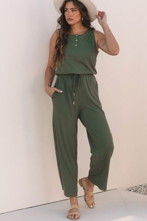 Vineyard Green Buttoned Drawstring Elastic Waistband Sleeveless Wide Leg Jumpsuit - Image 5