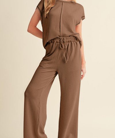 Coffee Solid Color Corded Short Sleeve Top and Casual Pants Set