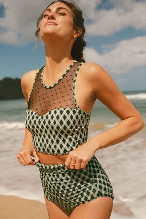 Green Dotted Mesh Plaid Patchwork High Waisted Bikini - Image 4