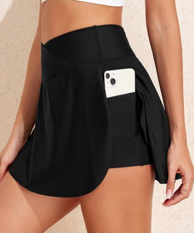 Black Solid Pocketed Crossover High Waist Swim Skort
