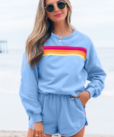 Beau Blue Accent Pullover and Shorts Two Piece Casual Set
