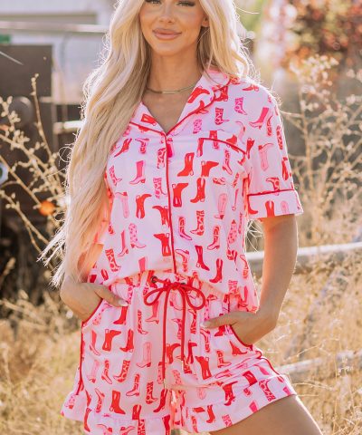 Pink Western Cowgirl Boots Printed Shirt Ruffled Shorts Pajama Set