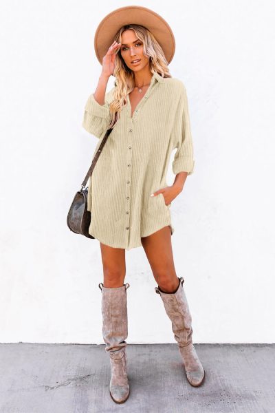 Beige Corduroy Shirt Style Full Button Long Sleeve Shift Mini Dress