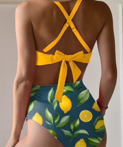 Yellow Crossed Straps Twisted Tropical Print Knot Side High Waist Bottom 2pcs Swimsuit