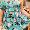 Green Plus Size Floral Smocked Bodice Single Puff Short Sleeve Babydoll Blouse