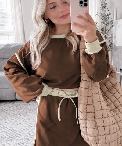 Coffee Color Contrast Loose Pullover and Lace-up Waist Skort Set