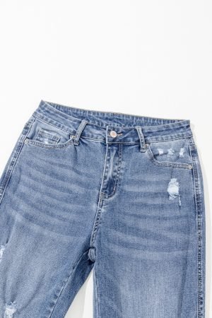 Dusk Blue High Rise Ripped Distressed Hem Flared Jeans - Image 5