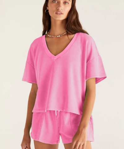 Bonbon V Neck Drop Shoulder Tee and Patchwork Drawstring Shorts Set