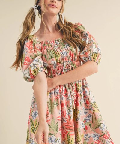 Apricot Pink Floral Smocked Bust Bubble Short Sleeve Maxi Dress