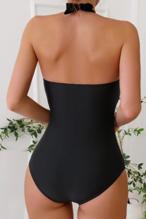 Black Halter Neck Monokini with Floral Beach Cover Up - Image 4