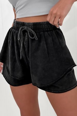Black Mineral Wash French Terry Drawstring Elastic Waistband Casual Shorts - Image 3