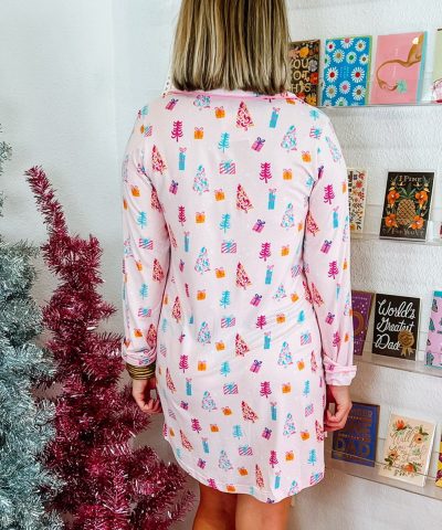 Pink Christmas Twinkle Tree Print Shirt Sleep Dress
