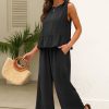 Black Solid Color Ribbed Ruffle Tank Top and Pants Set