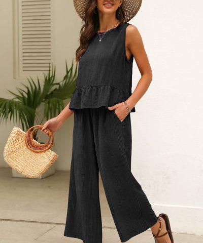 Black Solid Color Ribbed Ruffle Tank Top and Pants Set