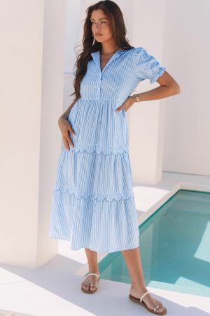Sky Blue Stripe Bubble Short Sleeve Tiered Scallop Long Dress - Image 4