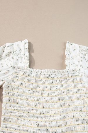 White Frilly Shirred Bodice Tiered Floral Maxi Dress - Image 8