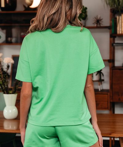 Mint Green V Neck Drop Shoulder Tee and Patchwork Drawstring Shorts Set