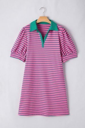 Rose Stripe Collared V Neck Puff Sleeve Shift T Shirt Dress with Pockets - Image 7