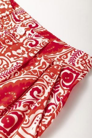 Red Paisley Printed Buttoned High Waist Straight Leg Pants - Image 7