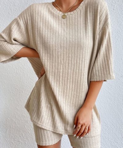Apricot Plain Ribbed Loose Fit Two Piece Lounge Set