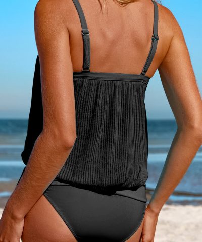 Black Striped Mesh Knotted Hem Tankini Swimsuit