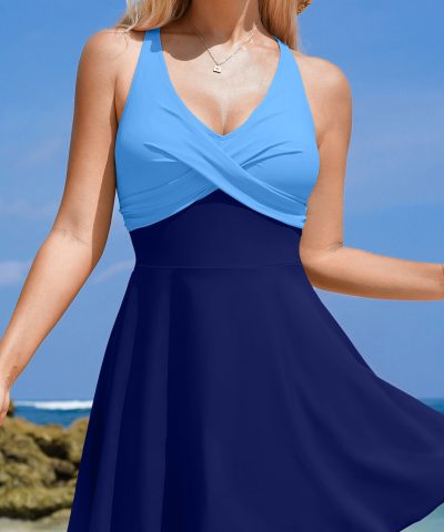 Navy Blue Crisscross Straps Tie Back Flared One Piece Swimsuit