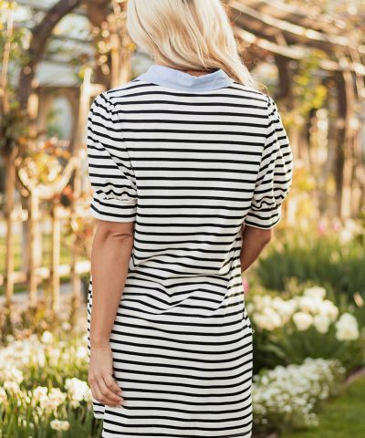 Black Stripe Contrast V Neck Collared Puff Sleeve T Shirt Mini Dress with Pockets