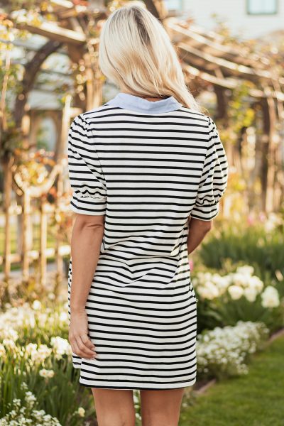 Black Stripe Contrast V Neck Collared Puff Sleeve T Shirt Mini Dress with Pockets