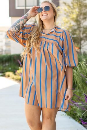 Khaki Stripe Contrast Striped Print 3/4 Sleeve Babydoll Plus Size Dress - Image 6