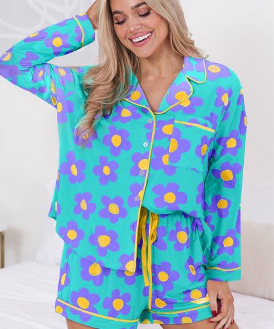 Green Flower Print Long Sleeve Shirt Shorts Pajamas Set