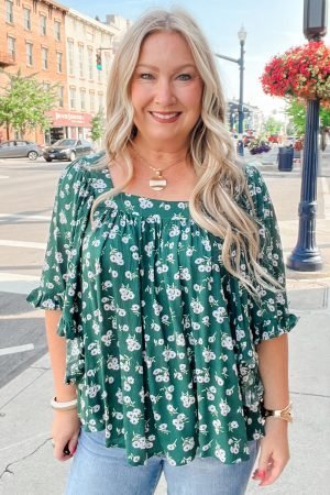 Green Floral Print Square Neck Ruffled Trim Plus Size Blouse - Image 6
