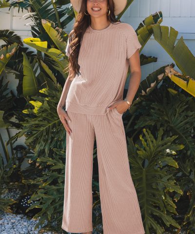 Smoke Gray Solid Corded Knit Short Sleeve T Shirt and Wide Leg Pants Set