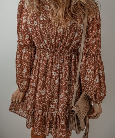 Brown Boho Floral Ruffled Puff Sleeve V Neck Mini Dress