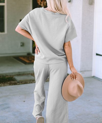 Gray Textured Loose Fit T Shirt and Drawstring Pants Set