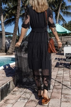 Black Dotty Lace Mesh Flowy Maxi Dress - Image 6
