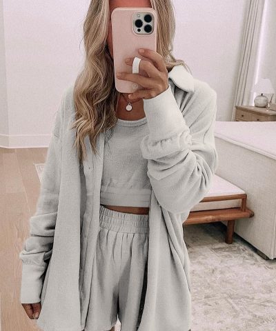 Gray 3 Pcs Crop Tank Top Shorts with Cardigan Lounge Set
