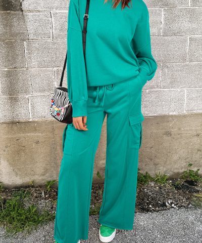 Solid Color Pullover Top and Cargo Pants Set