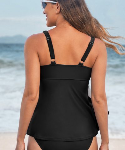 Black Crossed V Neck Adjustable Strap Babydoll Tankini Top