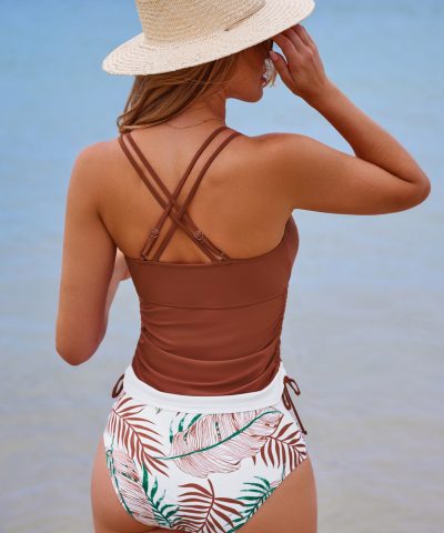 Mineral Red Drawstring Tummy Control Mix-and-match 2pcs Tankini Swimsuit