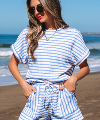 Sky Blue Stripe Knitted Short Sleeve Top and Drawstring Shorts Set