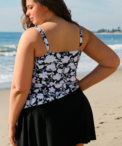 Black Plus Size Printed Square Neck Drawstring Ruffled Tankini Set
