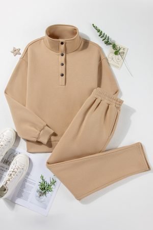 Parchment Solid Half Button Sweatshirt and High Waist Sweatpants Set - Image 6