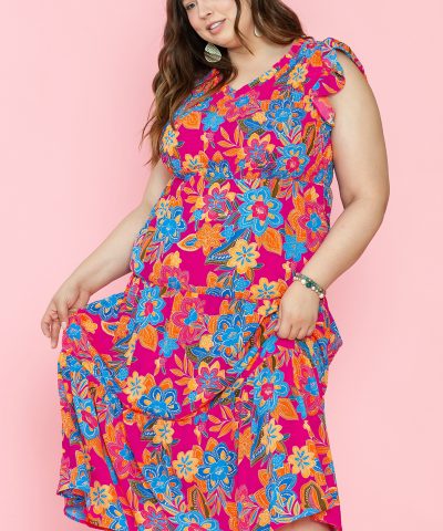 Red Floral Print Ruffled Sleeveless Plus Size Long Dress
