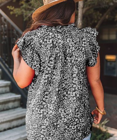 Black Rose Floral Print Ruffle Sleeve Plus Size Shift Top