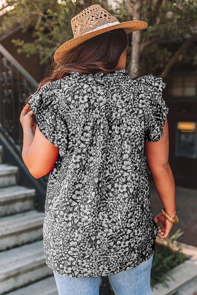Black Rose Floral Print Ruffle Sleeve Plus Size Shift Top