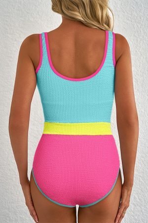 Alternative view of Iceland Blue Textured Color Block Patchwork One Piece Swimsuit