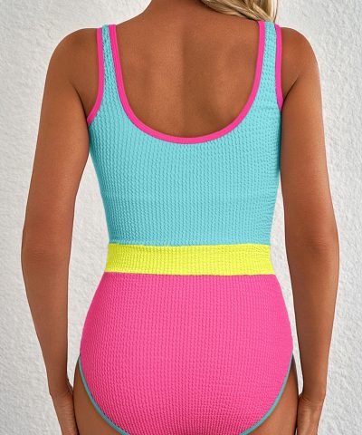 Iceland Blue Textured Color Block Patchwork One Piece Swimsuit
