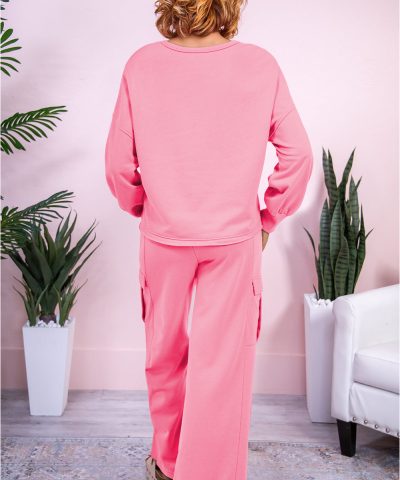 Sachet Pink Solid Color Patchwork Pullover Top and Cargo Pants Set