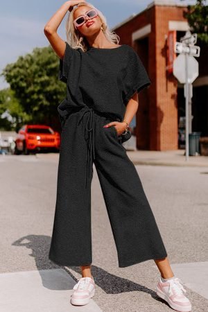 Alternative view of Black Textured Loose Fit T Shirt and Drawstring Pants Set