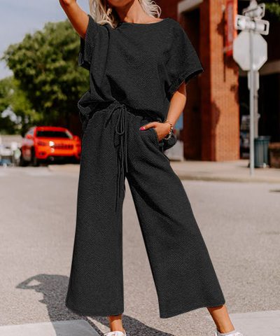 Black Textured Loose Fit T Shirt and Drawstring Pants Set